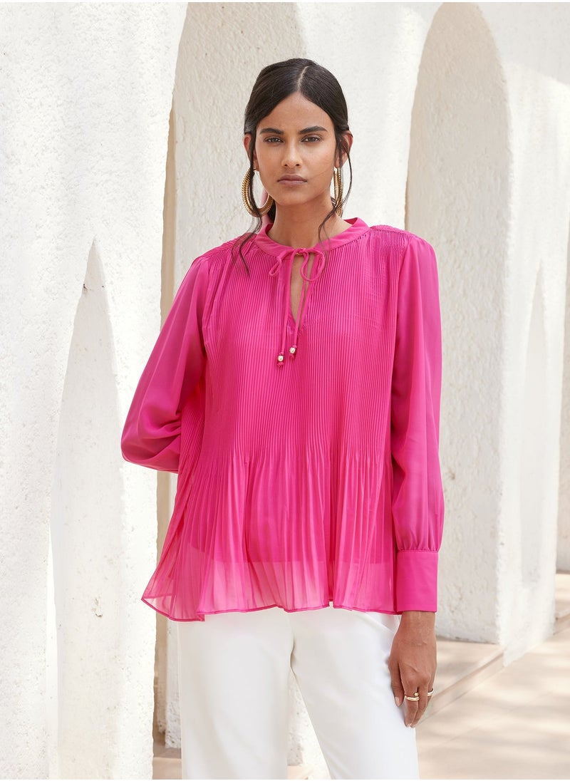 Salt Attire - Women's Pink Top with Additional Camisole, V-Neckline, Drawstring Detail, Mushroom Pleating, and Full-Length Cuffed Sleeves for a Chic and Feminine Look - Image 1