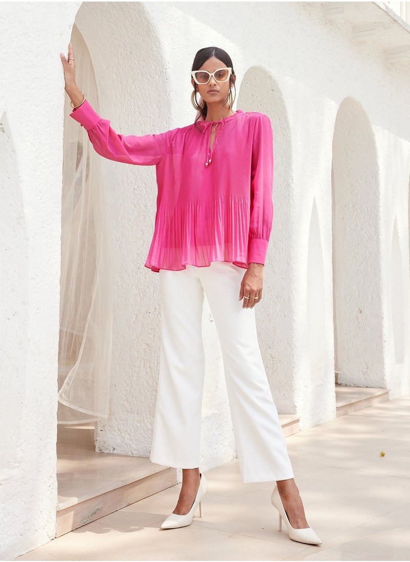 Salt Attire - Women's Pink Top with Additional Camisole, V-Neckline, Drawstring Detail, Mushroom Pleating, and Full-Length Cuffed Sleeves for a Chic and Feminine Look - Image 1