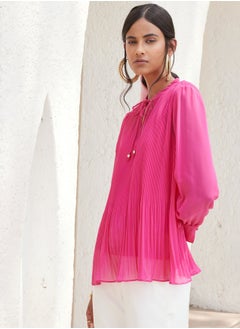 Salt Attire Women's Pink Top with Additional Camisole, V-Neckline, Drawstring Detail, Mushroom Pleating, and Full-Length Cuffed Sleeves for a Chic and Feminine Look  - Image 4