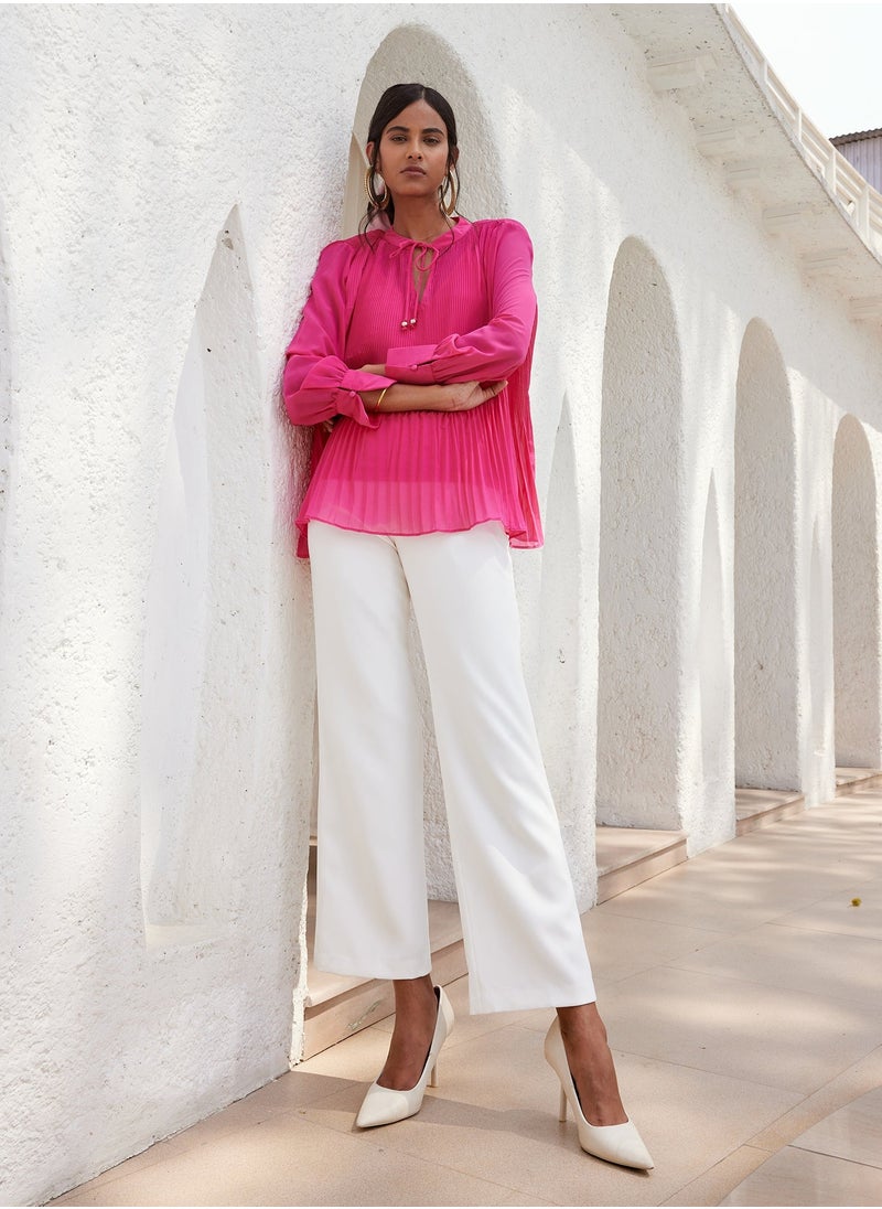 Salt Attire - Women's Pink Top with Additional Camisole, V-Neckline, Drawstring Detail, Mushroom Pleating, and Full-Length Cuffed Sleeves for a Chic and Feminine Look - Image 1