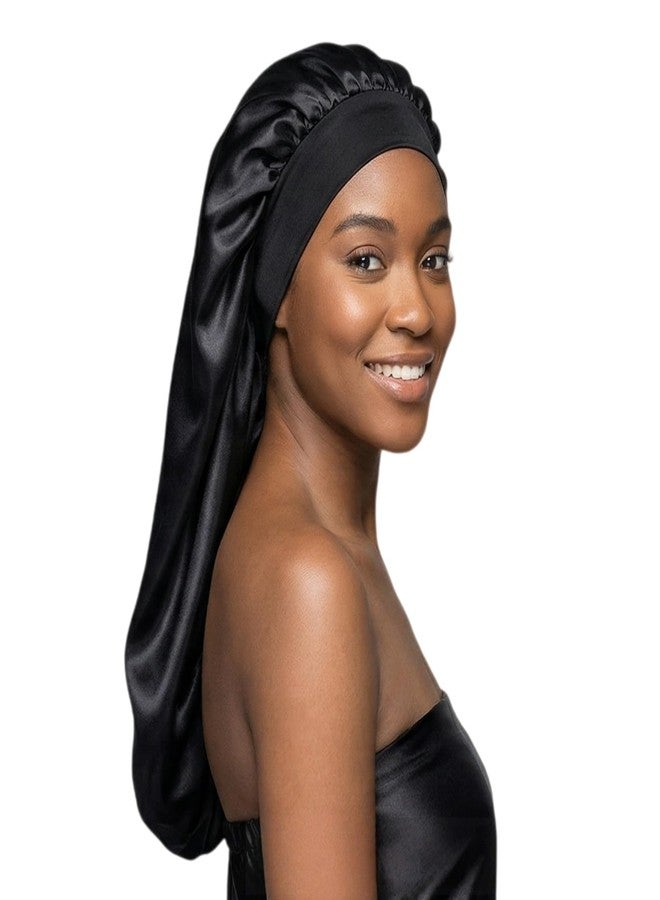 AILONSHAWN Black Silk Long Bonnet for Sleeping Women Braid Bonnet XL Large Satin Hair Bonnets for Sleeping Long Hair Silk Sleep Night Cap - Image 1