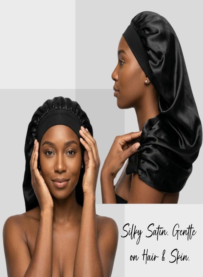 AILONSHAWN Black Silk Long Bonnet for Sleeping Women Braid Bonnet XL Large Satin Hair Bonnets for Sleeping Long Hair Silk Sleep Night Cap - Image 3
