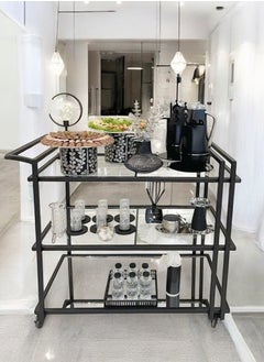 fan baytk Elegant Black Iron Serving Trolley with Glass - 3-tier design with sturdy supports and easy-to-move wheels Height 90 Length 80 Width 30  - Image 1