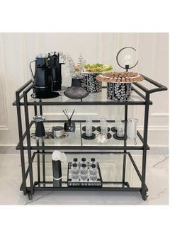 fan baytk Elegant Black Iron Serving Trolley with Glass - 3-tier design with sturdy supports and easy-to-move wheels Height 90 Length 80 Width 30  - Image 2