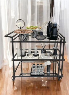 fan baytk Elegant Black Iron Serving Trolley with Glass - 3-tier design with sturdy supports and easy-to-move wheels Height 90 Length 80 Width 30  - Image 3