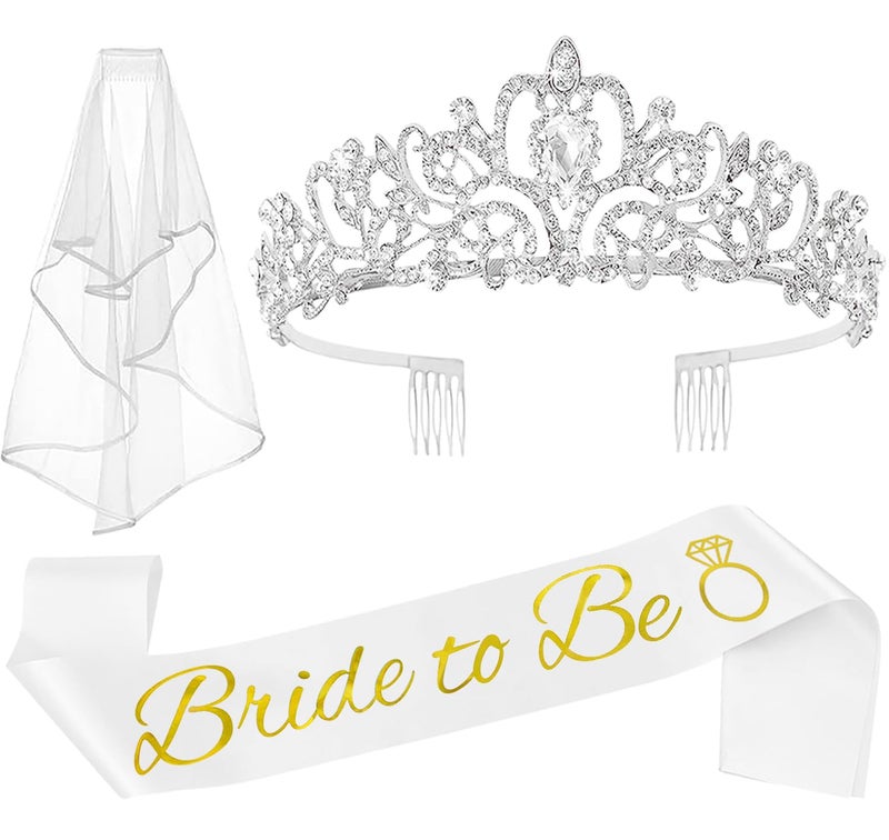 JETKONG 3 Pcs Bachelorette Party Decorations Bridal Shower Crown Bride to Be SashVeil for Women Bachelorette Party Gifts Bachelorette Party Supplies Gifts Favors Silver