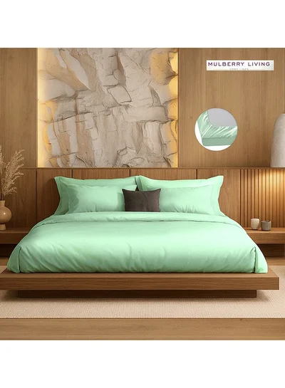 MULBERRY LIVING Polyester King Fitted Bedsheet Set-300 TC Silken Berry Art Silk Satin. 1 Sheet 180x200x30 cm / 2 Pillow Covers: 50x75 cm - Tea Green