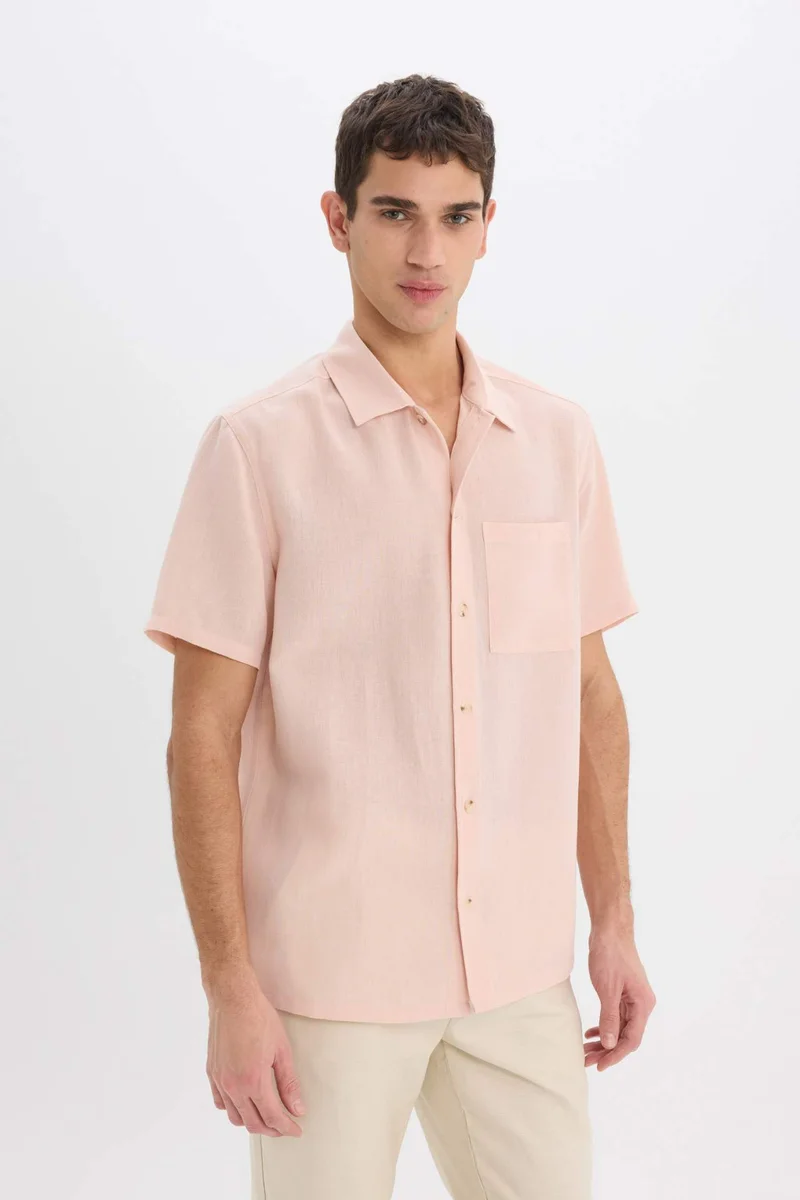 Defacto  Relax Fit Polo Collar Linen Look Summer Shirt for Men | Best Price UAE