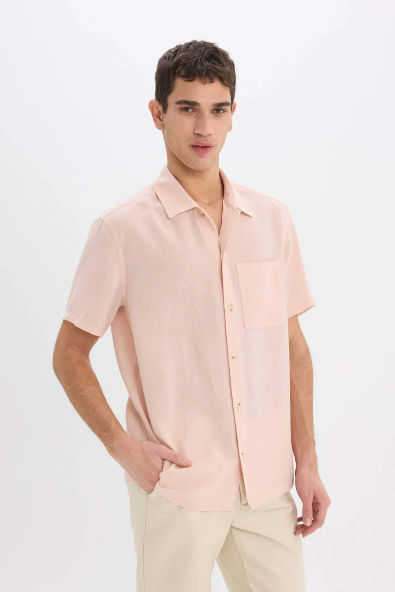 Defacto  Relax Fit Polo Collar Linen Look Summer Shirt for Men | Best Price UAE