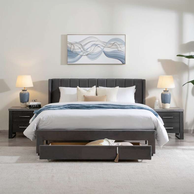 Pan Home Grey Queen Bed with Drawer for Adults