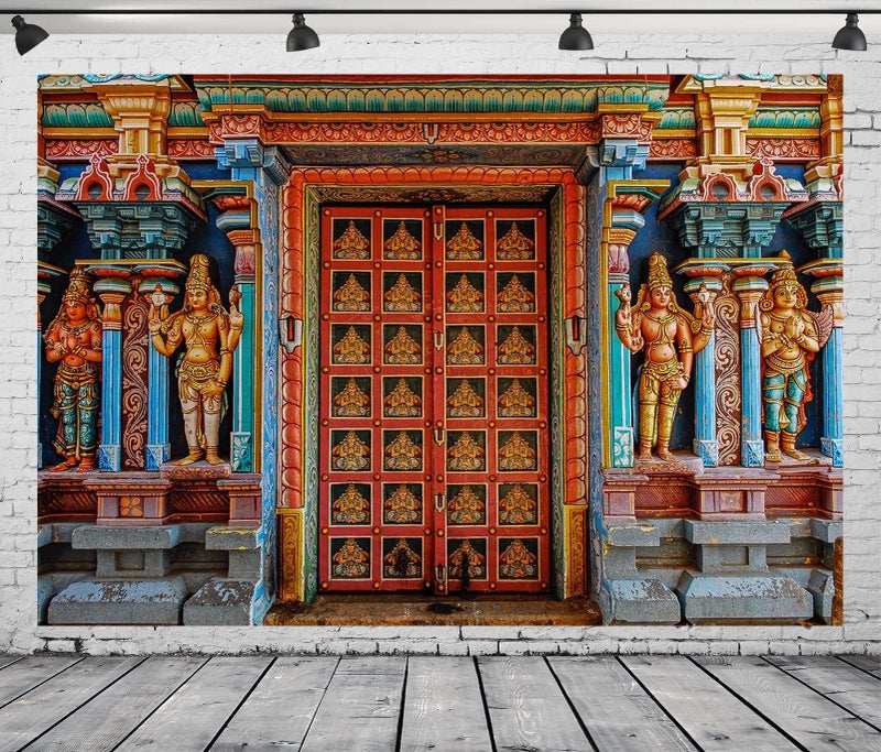 CORFOTO 9x6ft Fabric Colorful India Tanjore Temple Door Backdrop Old India Religion Building Photo Background for Indian Birthday Decorations Adults Photo Prop Indian Themed Party Decor - Image 1