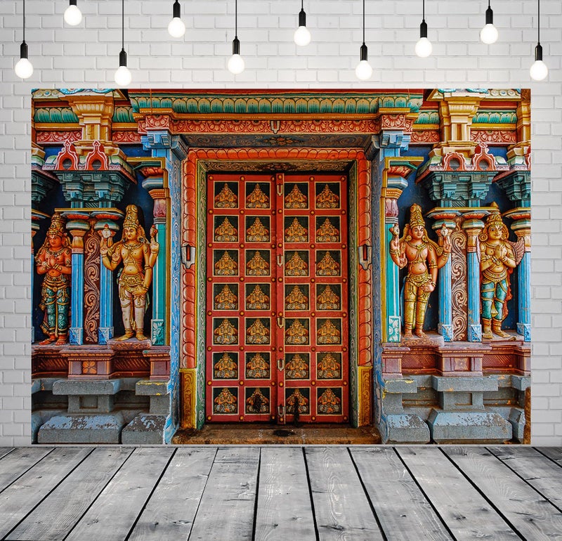 CORFOTO 9x6ft Fabric Colorful India Tanjore Temple Door Backdrop Old India Religion Building Photo Background for Indian Birthday Decorations Adults Photo Prop Indian Themed Party Decor - Image 2