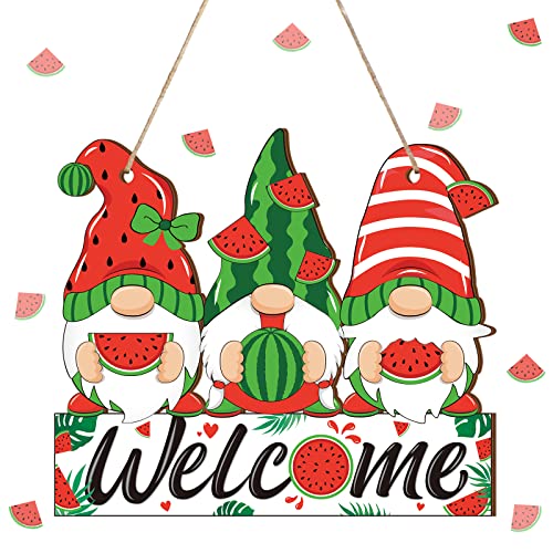 Summer Welcome Sign Wooden Watermelon Gnome Hanging Sign Holiday Door Sign with Ropes Hanging Decoration with Watermelon for Summer Front Door Porch Farmhouse Outdoor Home Decor Watermelon Gnome