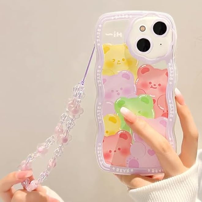 Tazweeq Phone 14 Case Cute Clear Cartoon Bear Animal with Flower Beaded Lanyard Wrist Strap Women Girls Soft TPU Full Protective Cover for iPhone 14 Purple Bear - Image 4