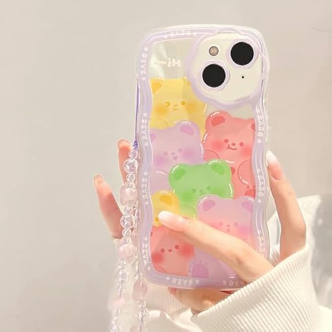 Tazweeq Phone 14 Case Cute Clear Cartoon Bear Animal with Flower Beaded Lanyard Wrist Strap Women Girls Soft TPU Full Protective Cover for iPhone 14 Purple Bear - Image 3