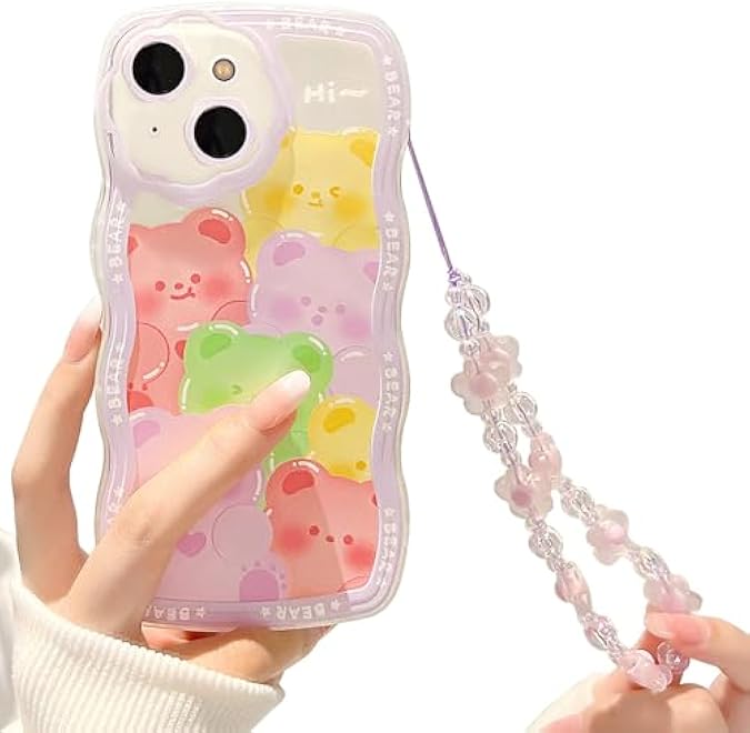 Tazweeq Phone 14 Case Cute Clear Cartoon Bear Animal with Flower Beaded Lanyard Wrist Strap Women Girls Soft TPU Full Protective Cover for iPhone 14 Purple Bear - Image 2