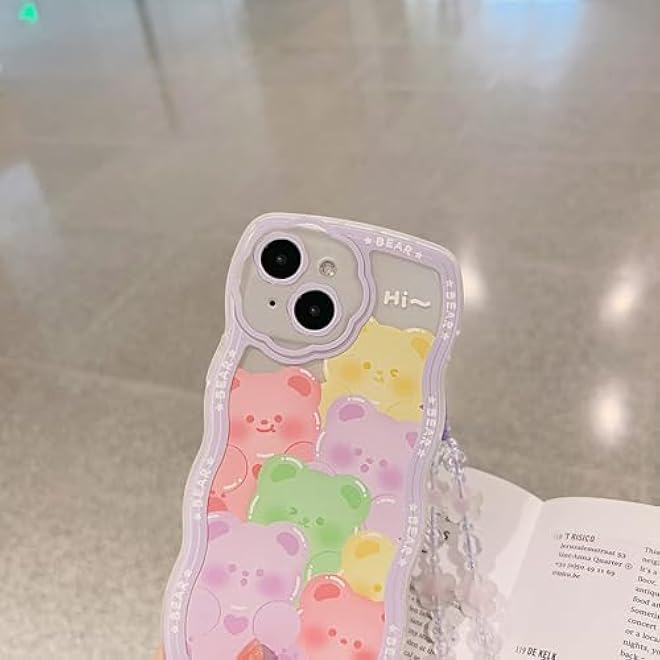 Tazweeq Phone 14 Case Cute Clear Cartoon Bear Animal with Flower Beaded Lanyard Wrist Strap Women Girls Soft TPU Full Protective Cover for iPhone 14 Purple Bear - Image 5