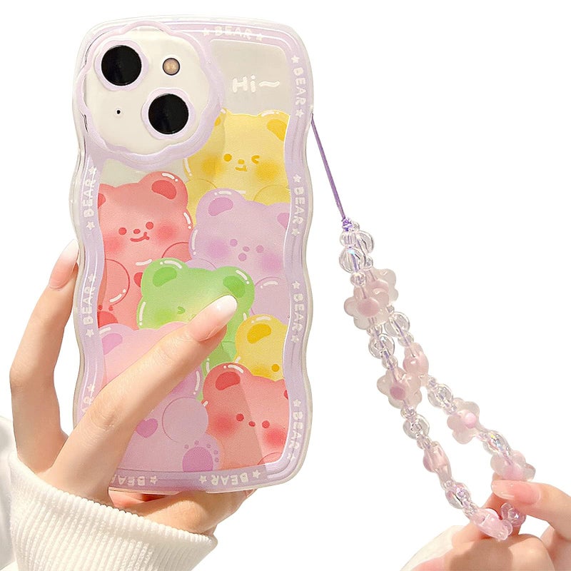 Tazweeq Phone 14 Case Cute Clear Cartoon Bear Animal with Flower Beaded Lanyard Wrist Strap Women Girls Soft TPU Full Protective Cover for iPhone 14 Purple Bear - Image 1