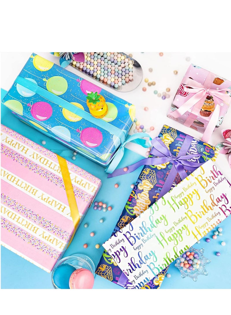 SYOSI Birthday Wrapping Paper, 5 Sheets and 5 Silk Ribbons, Colorful Cupcake Balloon Gift Wrapping Paper, Glossy Coated Gift Wrap for All Girls Boys Women Men Birthdays Party (27.5x19.6inch) - Image 2
