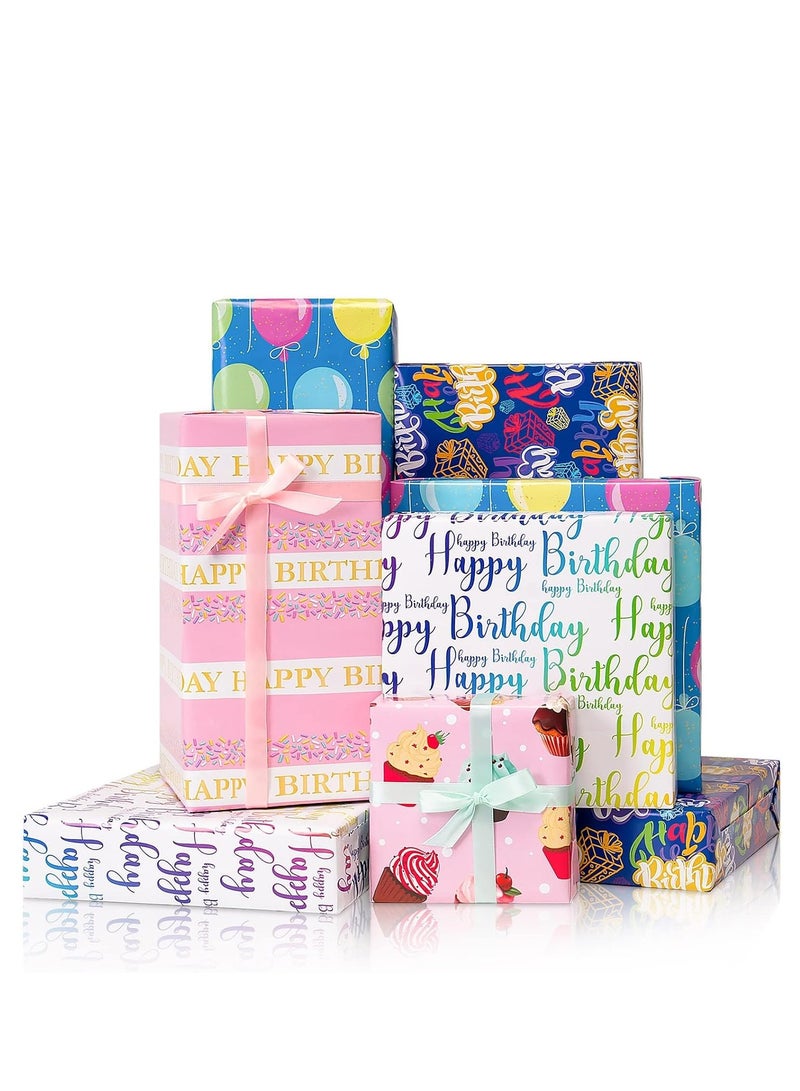 SYOSI Birthday Wrapping Paper, 5 Sheets and 5 Silk Ribbons, Colorful Cupcake Balloon Gift Wrapping Paper, Glossy Coated Gift Wrap for All Girls Boys Women Men Birthdays Party (27.5x19.6inch) - Image 1