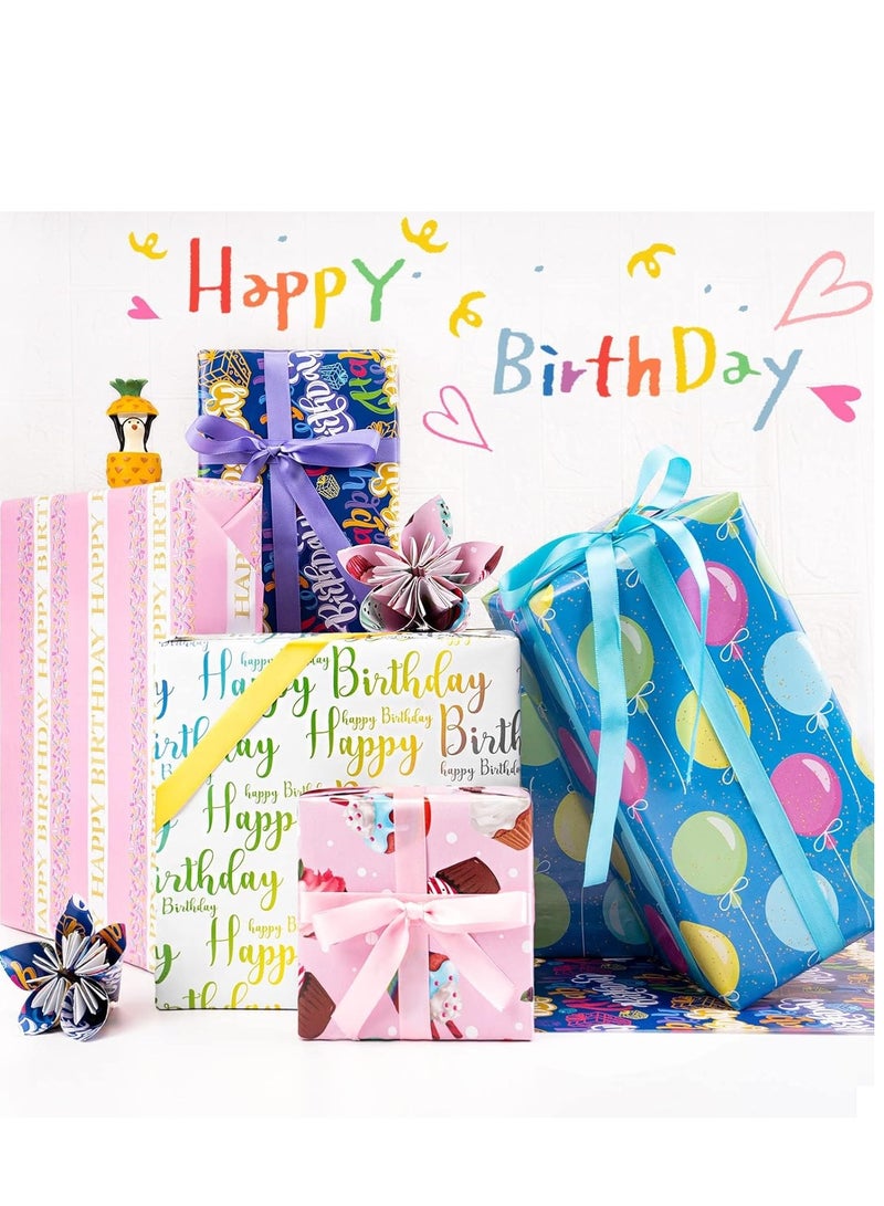 SYOSI Birthday Wrapping Paper, 5 Sheets and 5 Silk Ribbons, Colorful Cupcake Balloon Gift Wrapping Paper, Glossy Coated Gift Wrap for All Girls Boys Women Men Birthdays Party (27.5x19.6inch) - Image 3