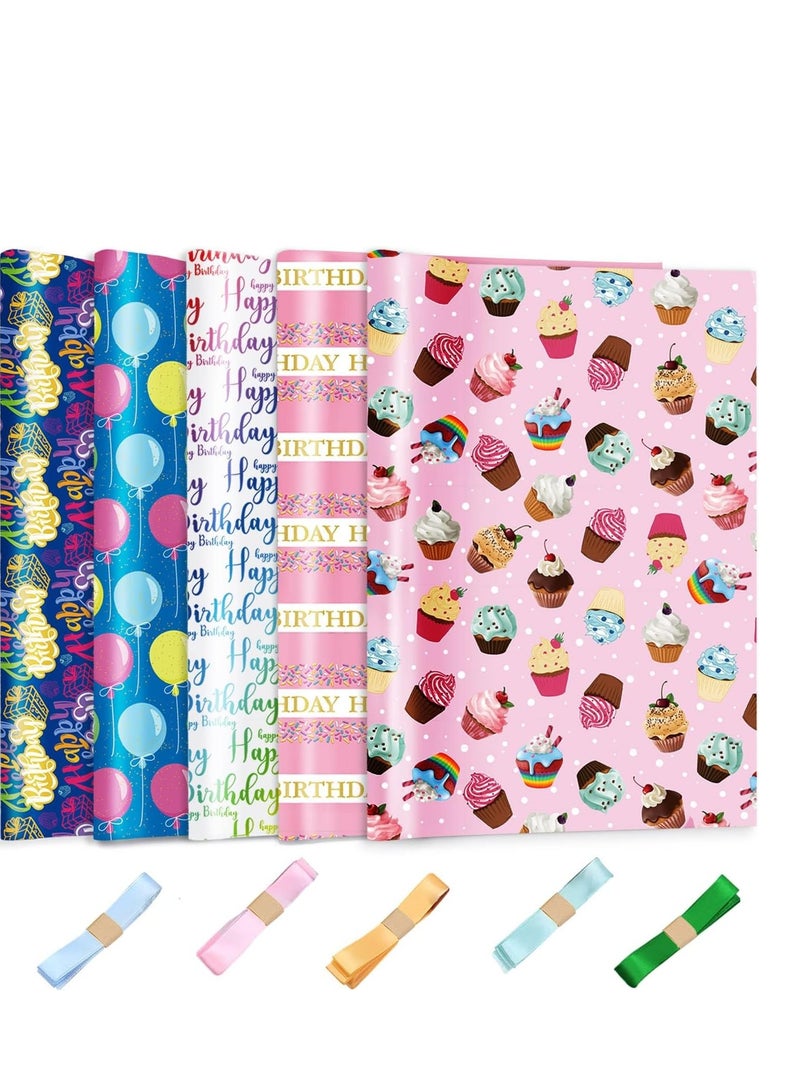 SYOSI Birthday Wrapping Paper, 5 Sheets and 5 Silk Ribbons, Colorful Cupcake Balloon Gift Wrapping Paper, Glossy Coated Gift Wrap for All Girls Boys Women Men Birthdays Party (27.5x19.6inch) - Image 4