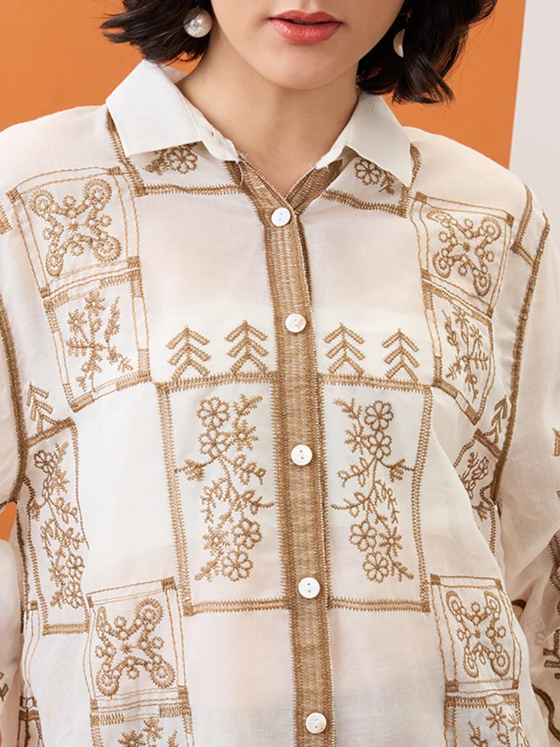 جلو باص Women Beige Floral Embroidered Collared Neck Bell Sleeves Scalloped Hem Shirt