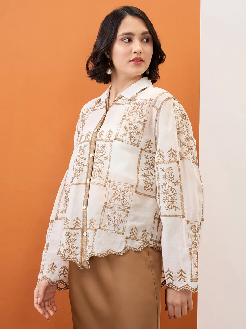 جلو باص Women Beige Floral Embroidered Collared Neck Bell Sleeves Scalloped Hem Shirt