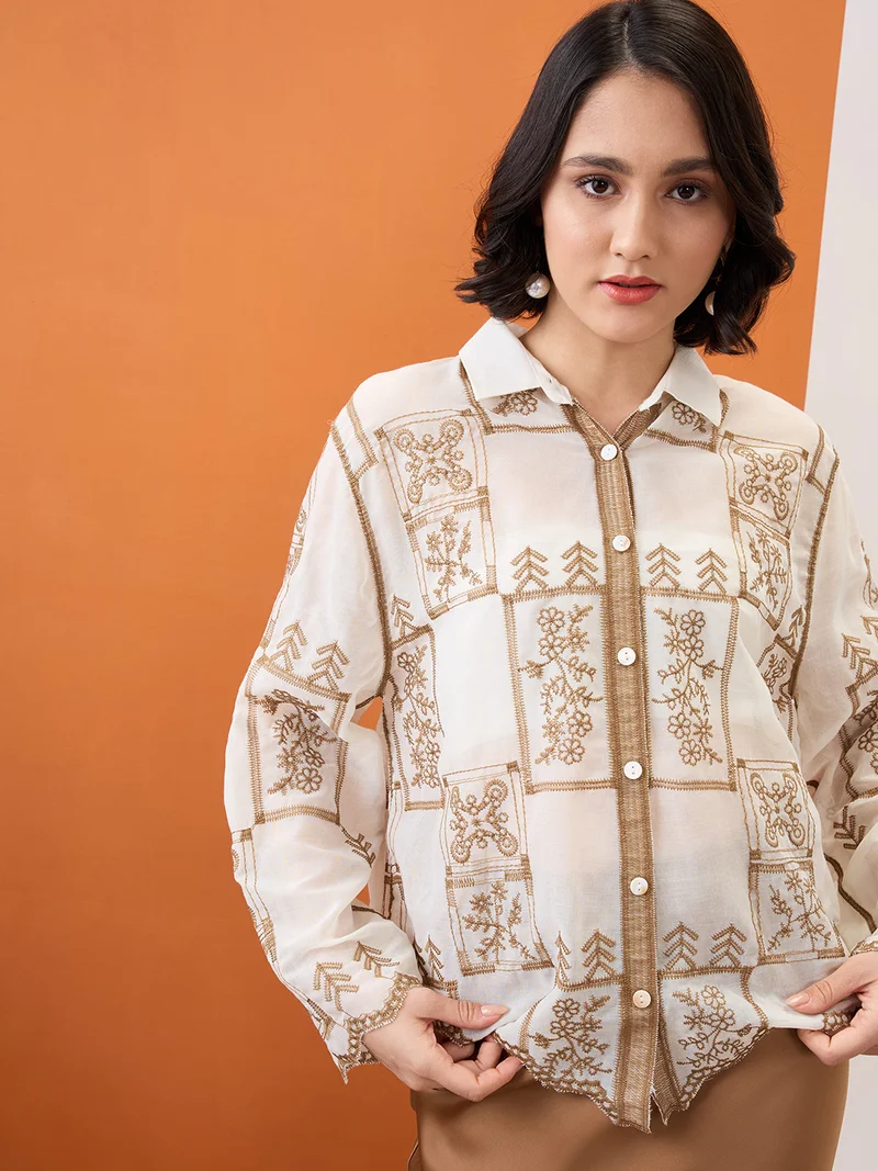 جلو باص Women Beige Floral Embroidered Collared Neck Bell Sleeves Scalloped Hem Shirt