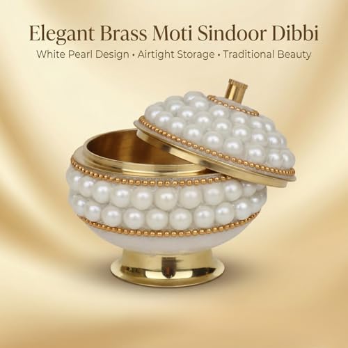Salvus APP SOLUTIONS Brass Pearl Sindoor Box for Women, Decorative Kumkum Dani with Lid for Pooja, Bridal Gift, Temple Mandir Decor & Dressing Table Vanity (White, 2x2 Inch) - Image 4