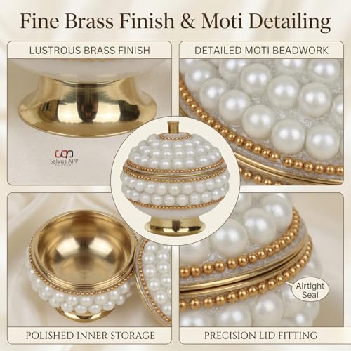 Salvus APP SOLUTIONS Brass Pearl Sindoor Box for Women, Decorative Kumkum Dani with Lid for Pooja, Bridal Gift, Temple Mandir Decor & Dressing Table Vanity (White, 2x2 Inch) - Image 5
