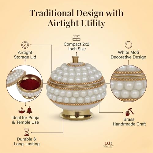 Salvus APP SOLUTIONS Brass Pearl Sindoor Box for Women, Decorative Kumkum Dani with Lid for Pooja, Bridal Gift, Temple Mandir Decor & Dressing Table Vanity (White, 2x2 Inch) - Image 3