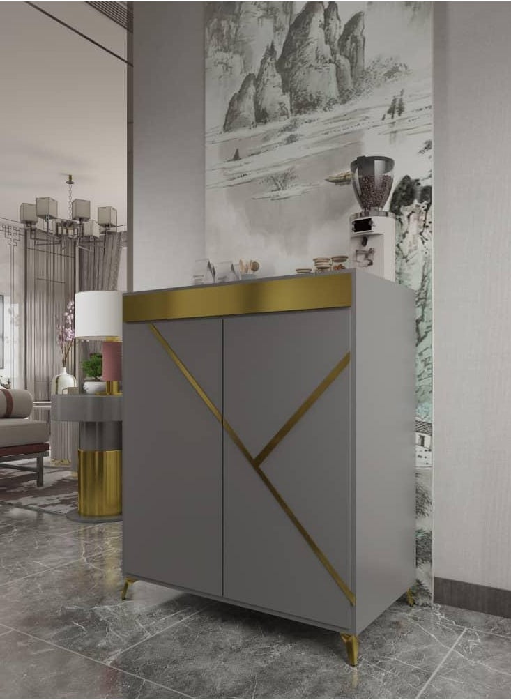 ZAHRAT ALFKHAMAH - Modern Small Shoe Cabinet with Two Doors - Elegant Gray with Gold Accents - 100x80 cm - Image 1