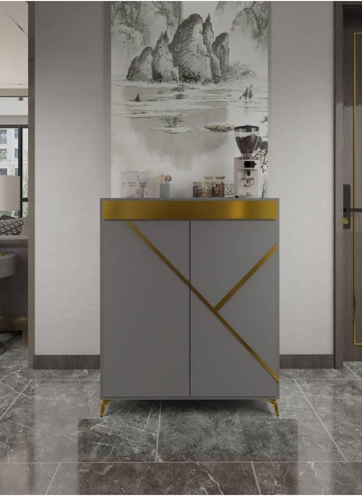 ZAHRAT ALFKHAMAH - Modern Small Shoe Cabinet with Two Doors - Elegant Gray with Gold Accents - 100x80 cm - Image 1