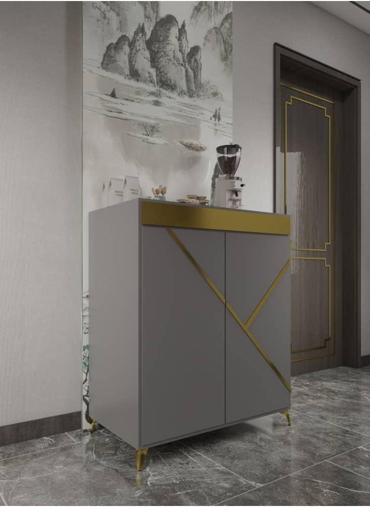 ZAHRAT ALFKHAMAH - Modern Small Shoe Cabinet with Two Doors - Elegant Gray with Gold Accents - 100x80 cm - Image 1