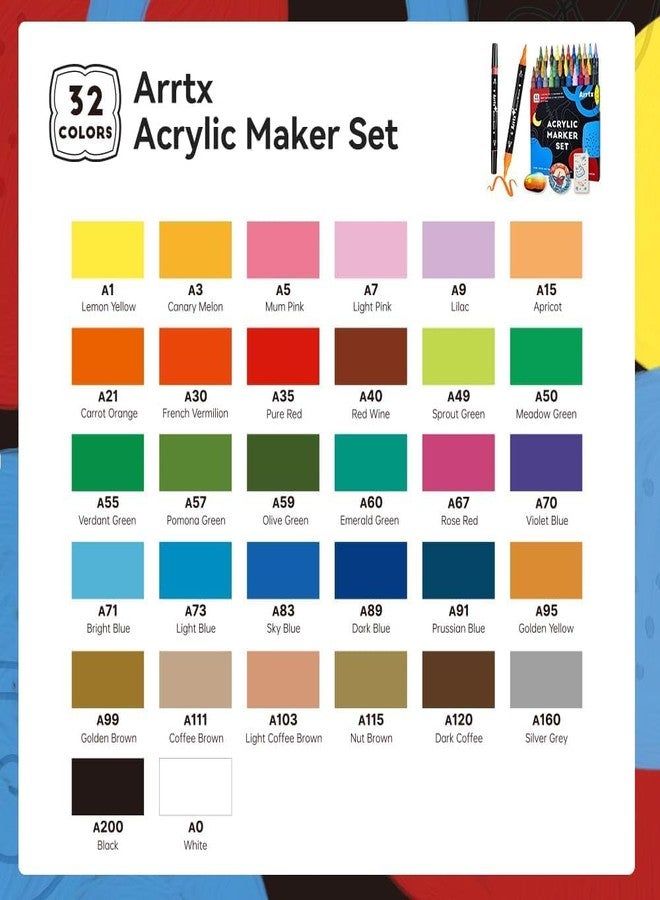 Arrtx Acrylic Paint Pens Markers 32 Colors, Dual Tip Acrylic Markers with Brush Tip and Fine Tip, Art Markers for Rock Painting, Paper, Wood, Canvas, Glass, Ceramic, Stone, DIY Crafts Supplies - Image 4