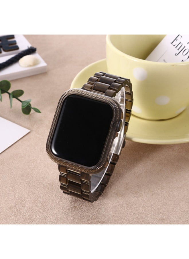Applicable To For Apple Iwatch9/8/7/6 For Apple Strap 9 Generation Three Beads Transparent Color Imitation Ceramic Resin Case-Color:Transparent Black Strap + Case-Appearance Size:Applicable To Ultra/2 【49mm】