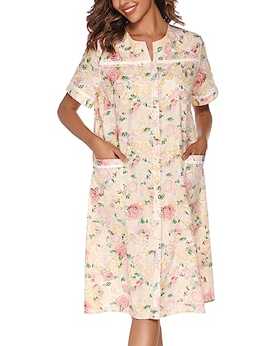 YOZLY House Dress Womens Cotton Housecoat Short Sleeve Duster Robe with Pockets Flower Pink, XXX-Large - Image 2