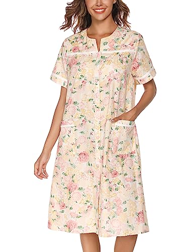 YOZLY House Dress Womens Cotton Housecoat Short Sleeve Duster Robe with Pockets Flower Pink, XXX-Large - Image 1