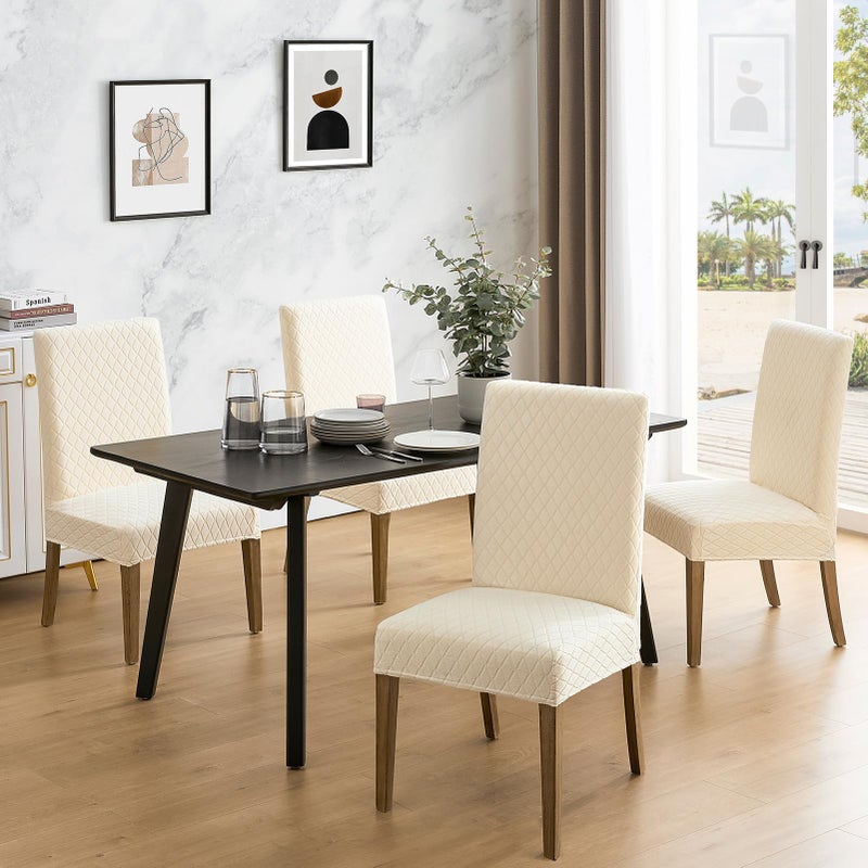 MOSAYT 100% Waterproof Dining Room Chair Covers Set of 4, Super Fit Stretch Jacquard Parson Chairs Slipcovers Removable Washable Chair Seat Protectors for Home, Kitchen, Banquet (Beige) - Image 2