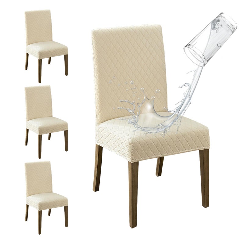 MOSAYT 100% Waterproof Dining Room Chair Covers Set of 4, Super Fit Stretch Jacquard Parson Chairs Slipcovers Removable Washable Chair Seat Protectors for Home, Kitchen, Banquet (Beige) - Image 1