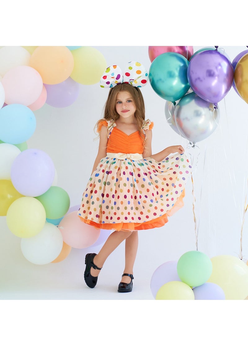 3-4Y Baby Girl Toddler Girl Princess Party Dress, Orange Ruffle Strap Top, Colorful Polka Dot Layered Tulle Skirt with Bow Waist, Suitable for Height 110cm, Perfect for Birthday, Holiday, Photography  - Image 1