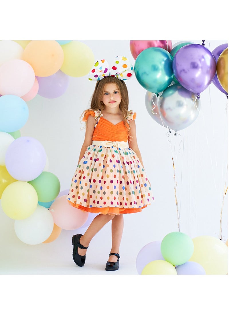 3-4Y Baby Girl Toddler Girl Princess Party Dress, Orange Ruffle Strap Top, Colorful Polka Dot Layered Tulle Skirt with Bow Waist, Suitable for Height 110cm, Perfect for Birthday, Holiday, Photography  - Image 2