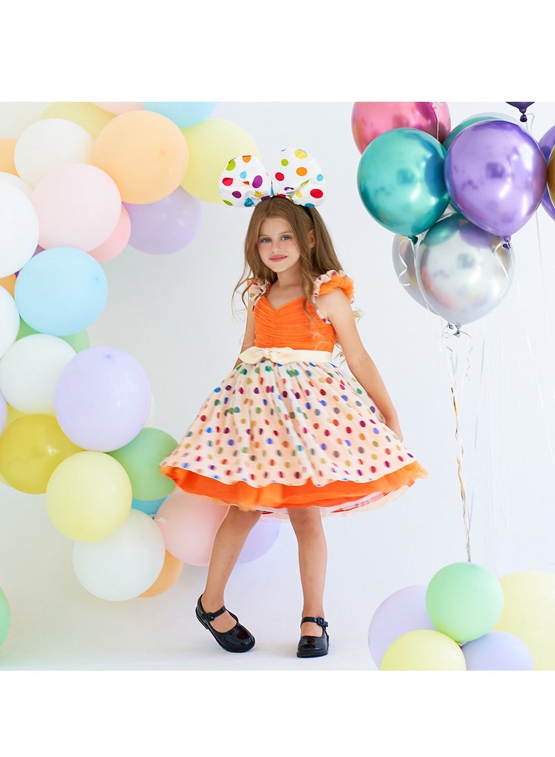 3-4Y Baby Girl Toddler Girl Princess Party Dress, Orange Ruffle Strap Top, Colorful Polka Dot Layered Tulle Skirt with Bow Waist, Suitable for Height 110cm, Perfect for Birthday, Holiday, Photography  - Image 3