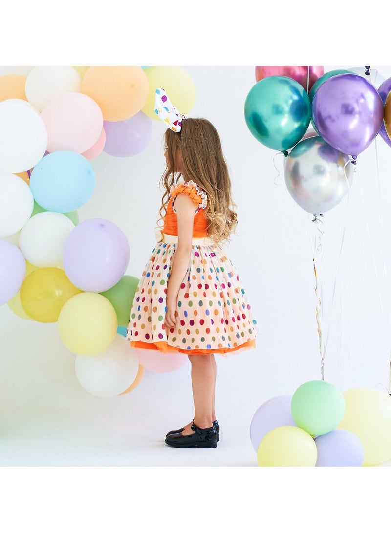 3-4Y Baby Girl Toddler Girl Princess Party Dress, Orange Ruffle Strap Top, Colorful Polka Dot Layered Tulle Skirt with Bow Waist, Suitable for Height 110cm, Perfect for Birthday, Holiday, Photography  - Image 5