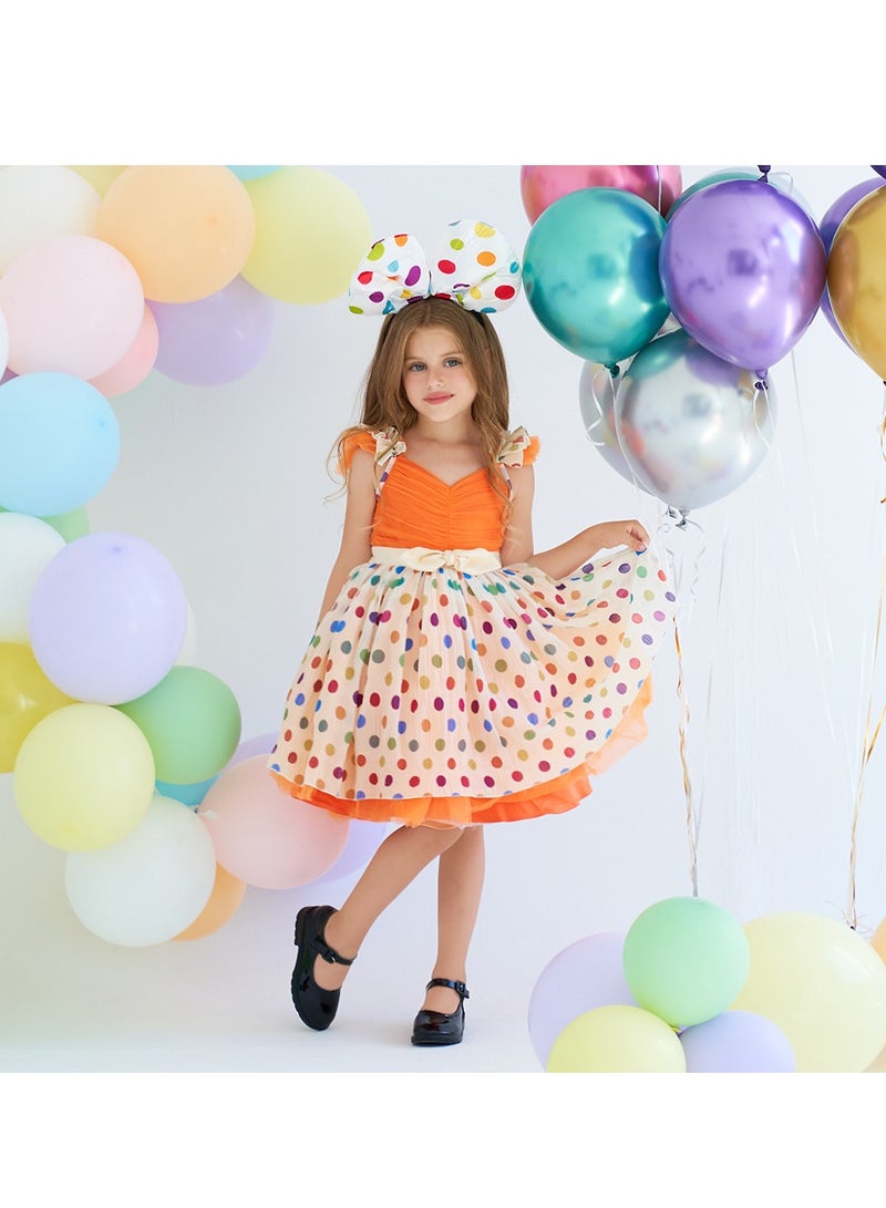3-4Y Baby Girl Toddler Girl Princess Party Dress, Orange Ruffle Strap Top, Colorful Polka Dot Layered Tulle Skirt with Bow Waist, Suitable for Height 110cm, Perfect for Birthday, Holiday, Photography  - Image 4