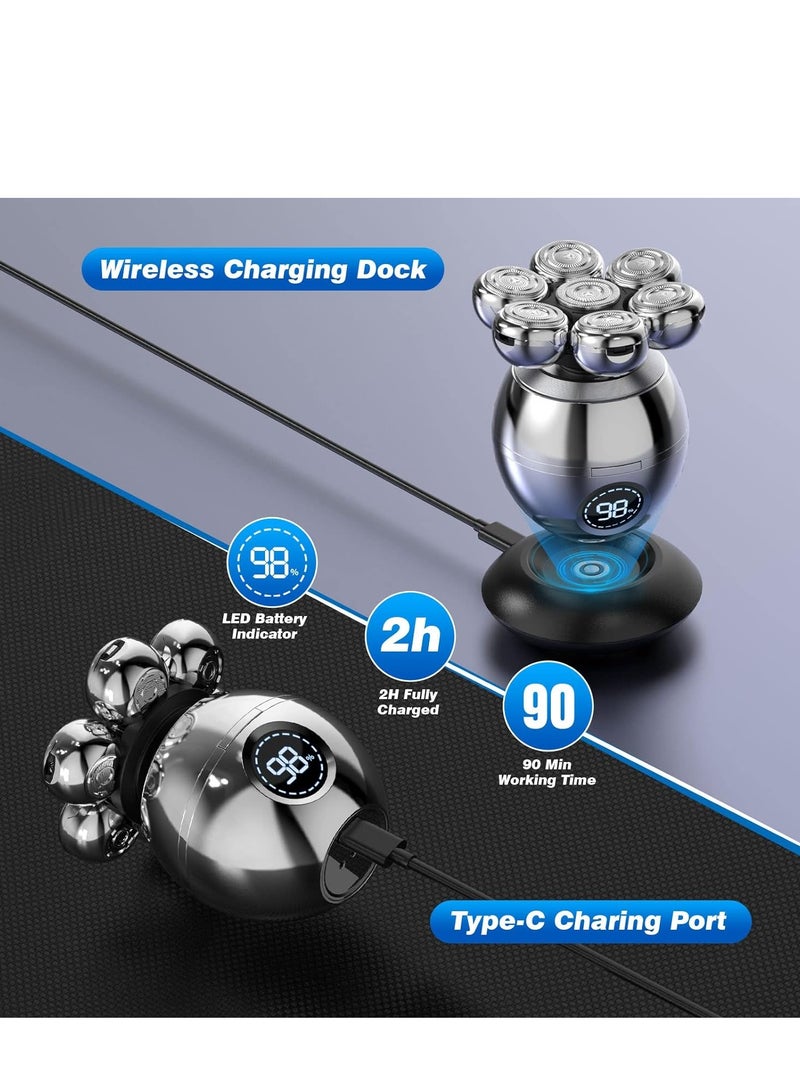 7D Bald Head Shavers for Men, 6 in 1 Wet Dry Electric Shaver for Face and Head, Waterproof Electric Razor for Men with LCD Display, Men's Grooming Kit with Wireless Charging Base