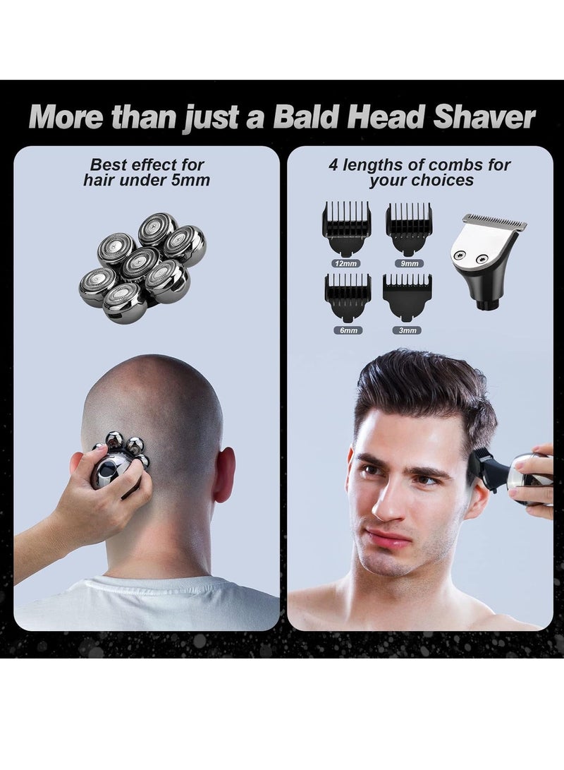 7D Bald Head Shavers for Men, 6 in 1 Wet Dry Electric Shaver for Face and Head, Waterproof Electric Razor for Men with LCD Display, Men's Grooming Kit with Wireless Charging Base