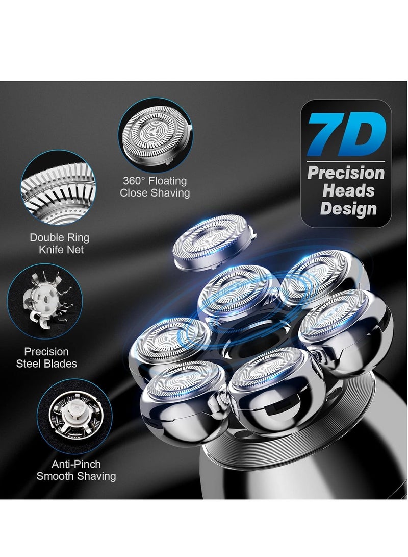 7D Bald Head Shavers for Men, 6 in 1 Wet Dry Electric Shaver for Face and Head, Waterproof Electric Razor for Men with LCD Display, Men's Grooming Kit with Wireless Charging Base