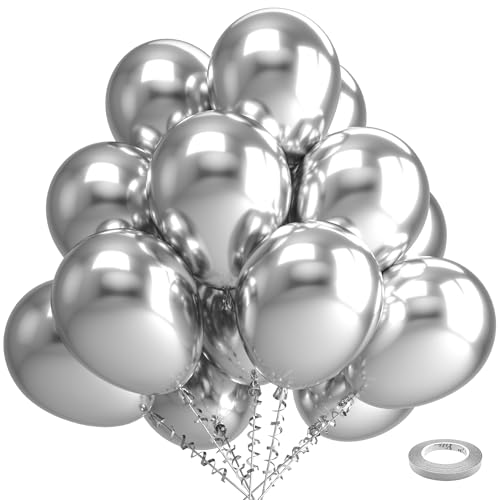 Bezente Silver Metallic Chrome Latex Balloons, 100 Pack 12 inch Silver Round Helium Balloons for New Years Wedding Anniversary Bridal Shower Birthday Bachelorette Party Decorations - Image 1